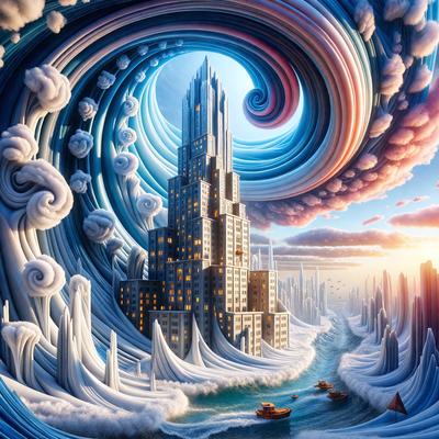 The primary subject of the image is a large, tall building situated in the middle of a body of water. The building is surrounded by a whirlpool of water, giving the impression of a stormy sea. The setting is a mix of the ocean and a cityscape, with the building towering over the water.

The visual style of the image is digital art, as it appears to be a painting or drawing created using digital tools. The colors and mood of the image are dramatic and intense, with the building